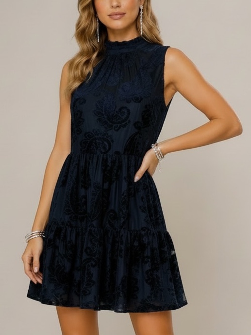 NWT AQUA Navy Blue Velvet Crushed Burnout Sleeveless Lined Dress Size Medium